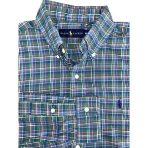 Ralph Lauren Green Blue Plaid Brushed Cotton Y2K Vintage Shirt Men's Medium